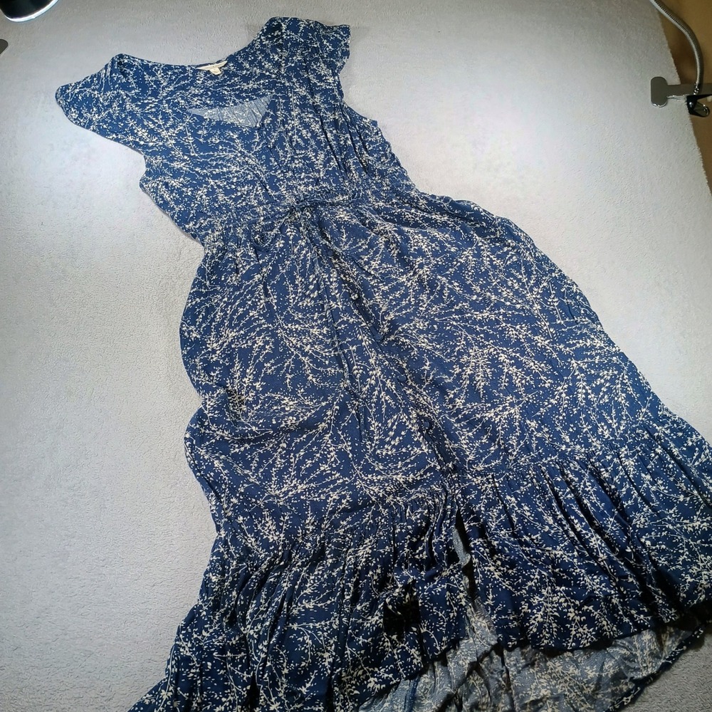Lucky Brand Women Floral Maxi Dress Blue Medium Smocked Waist Tiered Ruffle